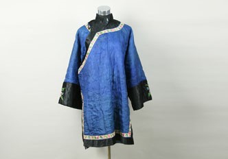 清藍色綢花卉紋刺繡接袖女夾襖